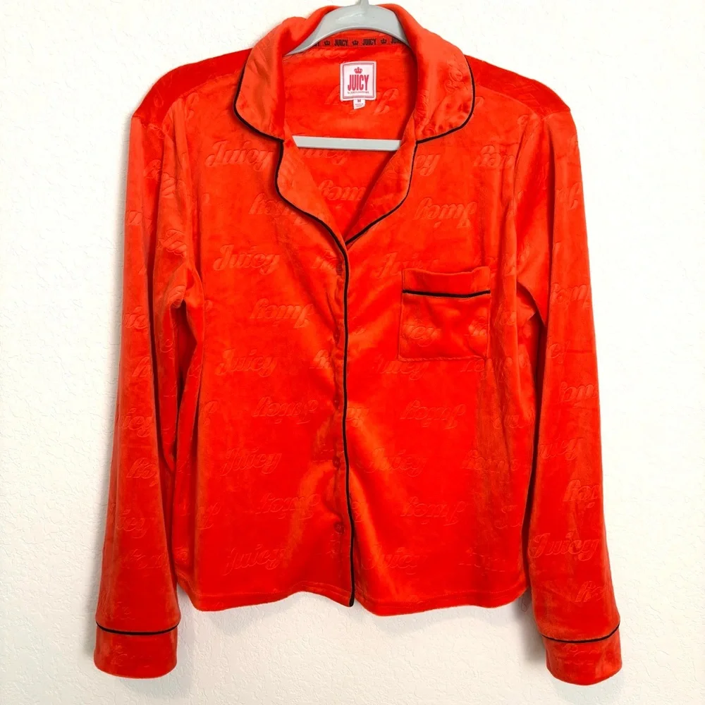 Juicy Couture Logo Embossed Vibrant Red Plush Velour Pajama Top Women’s Medium